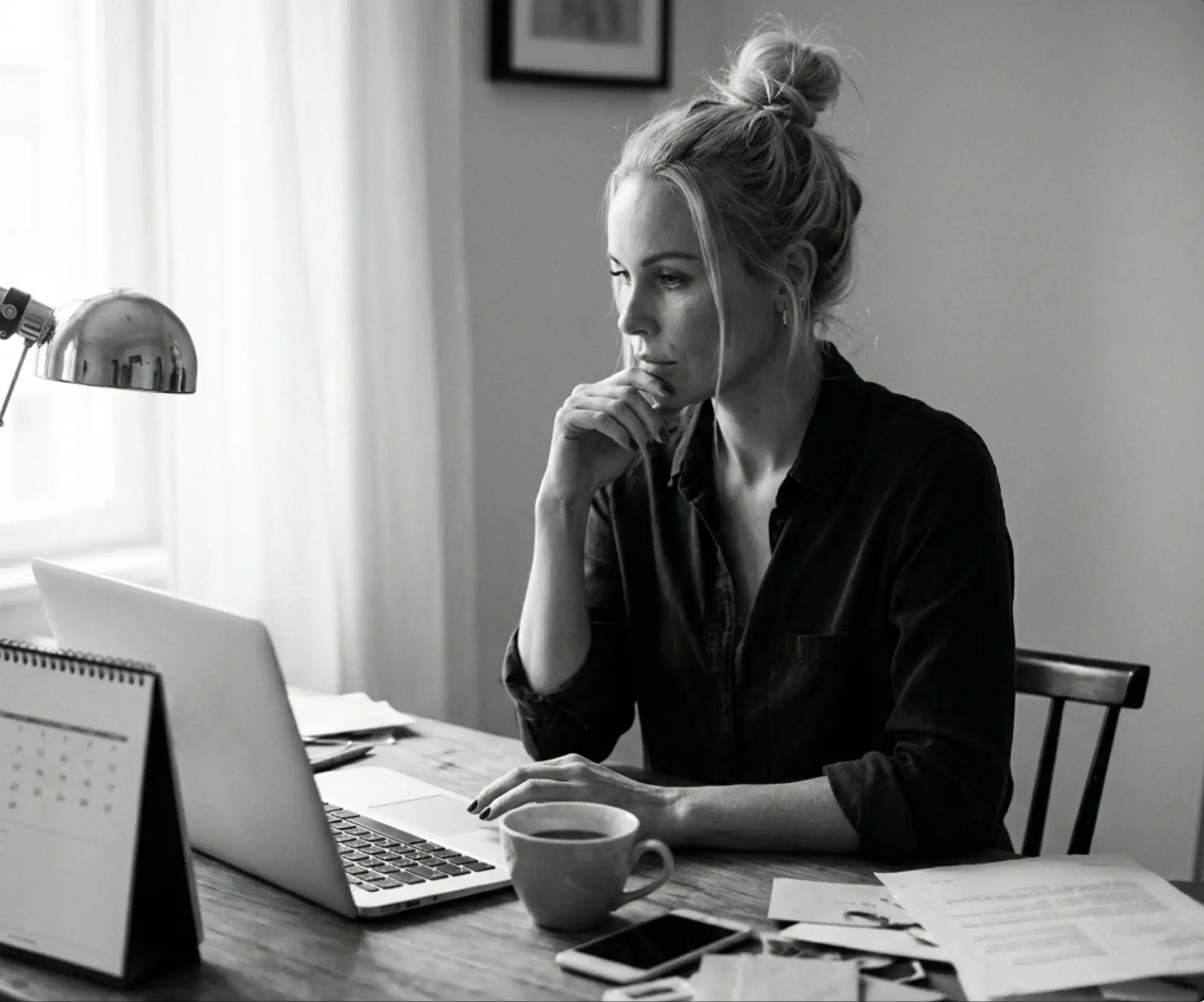 Robin Afra working at a desk with laptop and coffee